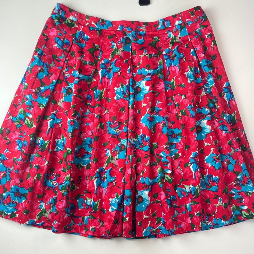 Talbots‎ Petites Red Floral Pleated Knee Length Skirt Size 12P Cotton Lined